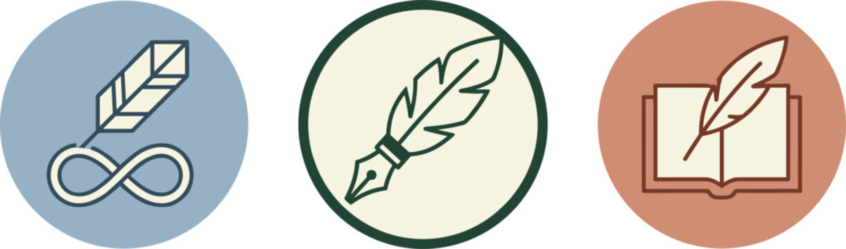 Creative writing and literature circle icon vector set with quill feather pen combined with infinity symbol fountain pen nib and open book isolated on white background