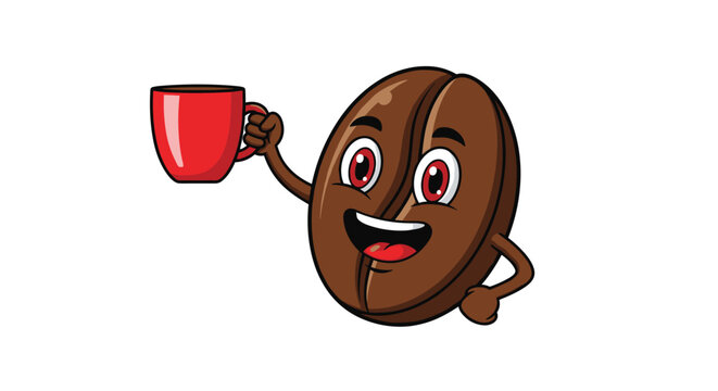 Happy cartoon coffee bean character smiles while holding a red mug of hot beverage on a clean white background for cafe branding.