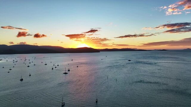 Spectacular aerial sunset of Airlie Beach Whitsundays Queensland Australia