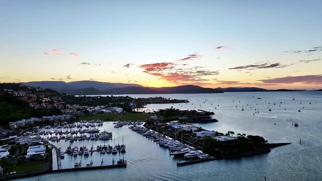 Spectacular aerial sunset of Airlie Beach Whitsundays Queensland Australia
