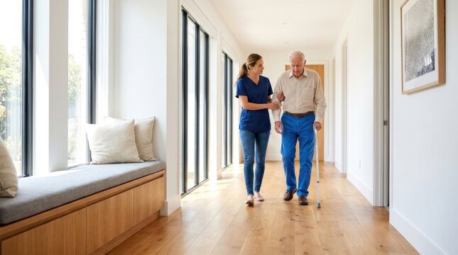 Caregiver assisting senior man with walking cane in bright assisted living home or nursing facility hallway.