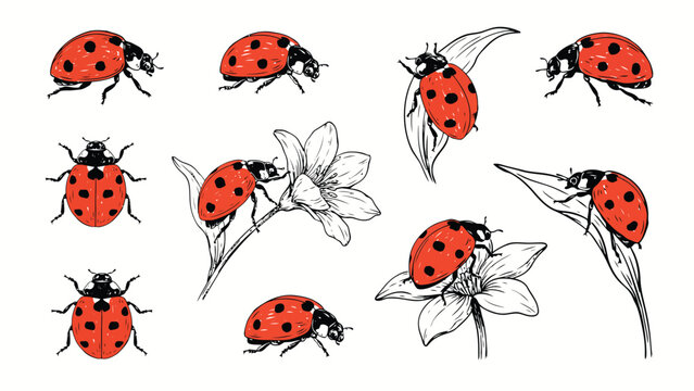 Vintage hand drawn ladybug vector set with sketch insects and flowers