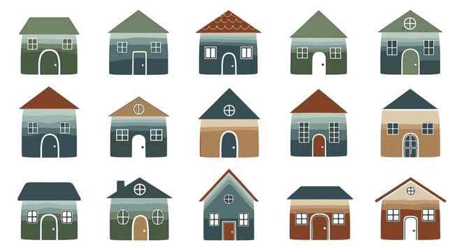 Set of 15 stylized handcrafted house icons in earthy blues, greens, and browns. Featuring minimalist textured patterns, gradient layers, and various roof shapes on a white background.