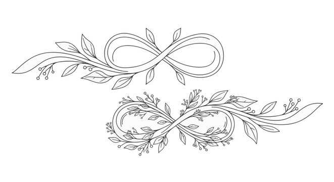 Set of two botanical infinity symbols in black line art style, featuring delicate vines, leaves, and berries on a white background. Elegant hand-drawn loop emblems for wedding or tattoo art.