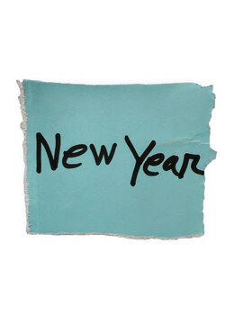 Handwritten new year message on a torn blue note paper against a black backdrop transparent background