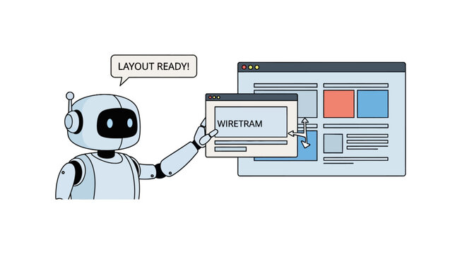 Artificial intelligence robot creating website wireframe layout