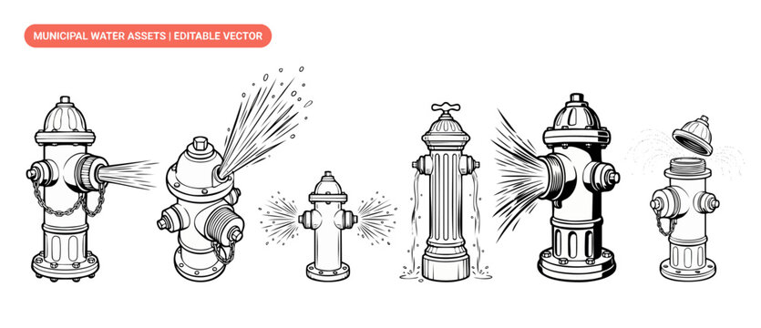 Fire hydrant vector set spraying water in different directions. Black and white line art illustrations of municipal utility emergency icons, leaking valves, and gushing splash assets on white surface.