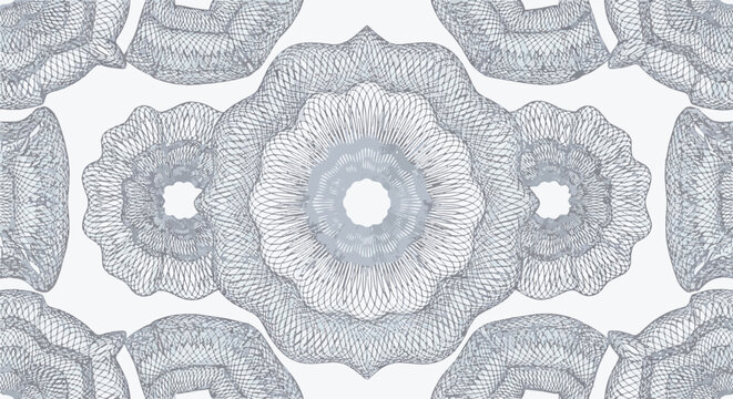 Intricate soft baby blue and grey guilloche pattern with detailed rosette elements and fine geometric line work designed for currency, bank notes, and formal security certificates.