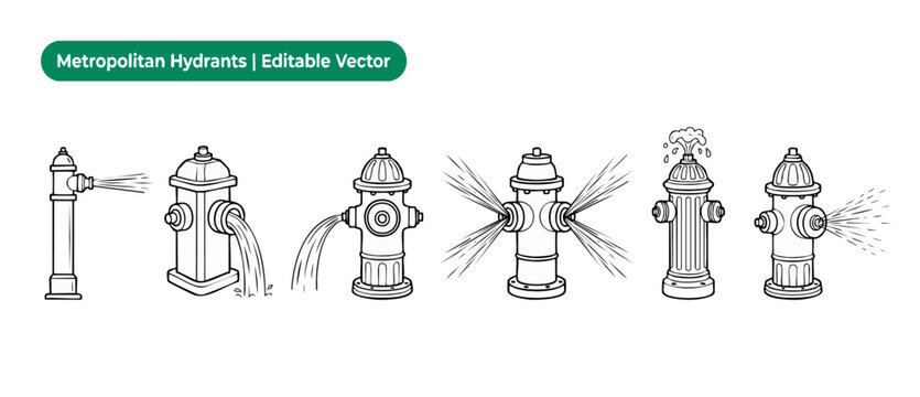 Fire hydrant vector line icons showing six metropolitan plugs spraying and gushing water flow. Black and white outline design elements set for firefighting safety concept and municipal equipment syste
