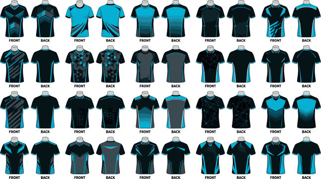 Sports t-shirt vector mockup template collection featuring blank jersey designs with dynamic blue and black geometric sublimation patterns for active sportswear (23 words)