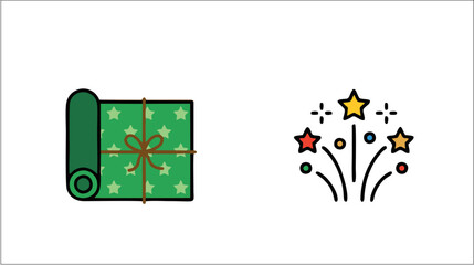 Obraz premium Gift Wrapping Roll and Celebration Fireworks Icon Set