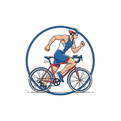 Fototapeta premium Vector illustration of a male triathlete in a blue trisuit and helmet, riding a red road bike while in a running motion, enclosed in a blue circular frame on a white background.