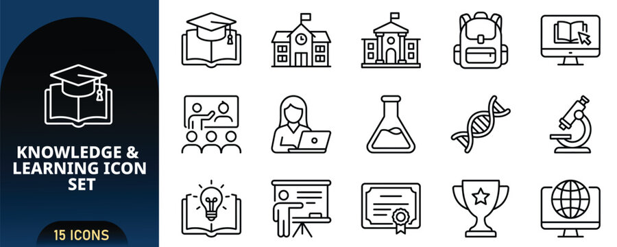 Knowledge and Learning Line Icon Set with Graduation Cap School University Building Backpack Online Class Science Flask DNA Microscope Trophy Vector Icons