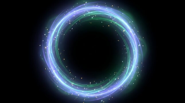 Glowing abstract circular vortex featuring swirling blue and green light trails with tiny golden particles isolated against a deep black background in a digital composition