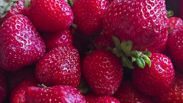 Fresh ripe strawberries in a bowl. The process of removing stems and rinsing the berries in a sieve before making desserts, jam, baked goods, or eating.