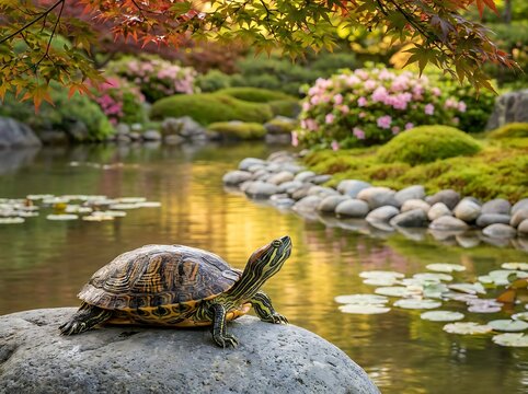 Red eared slider turtle resting on smooth rock in tranquil garden pond surrounded by lush green foliage pink azalea flowers and water lily pads during soft golden hour sunlight scene.