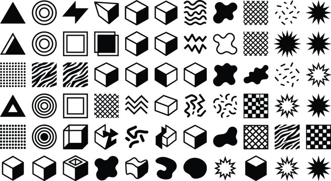 Abstract 3D geometric shapes and retro memphis design elements set