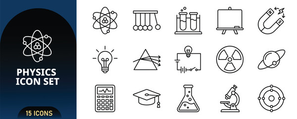 Physics Line Icon Set with Atom Newtons Cradle Test Tubes Board Magnet Light Bulb Prism Electric Circuit Radiation Planet Calculator Microscope Vector © JK