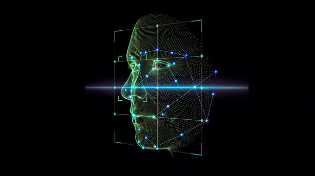 Teal data point face recognition scan grid landmarks on flat dark navy, biometric security