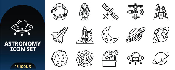Astronomy Line Icon Set with Astronaut Helmet Spacesuit Satellite Space Station Lunar Lander Shuttle Moon Planet Earth Asteroid Telescope UFO Vector © JK