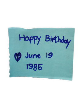 Handwritten happy birthday card with date june 19 1985 and heart symbol transparent background