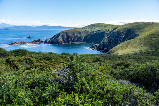 Distant view of a small rocky coastal bay with scrub and headland.