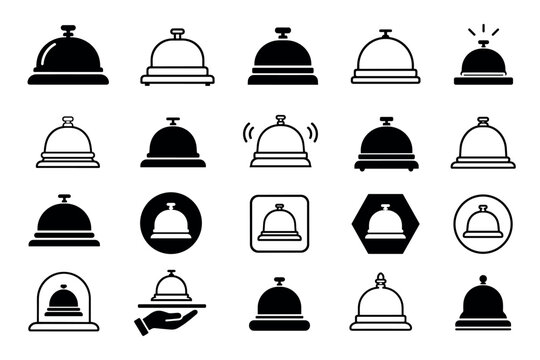 Hotel reception service bell vector icons set featuring various designs of call bells for concierge, front desk, hospitality, and customer service assistance