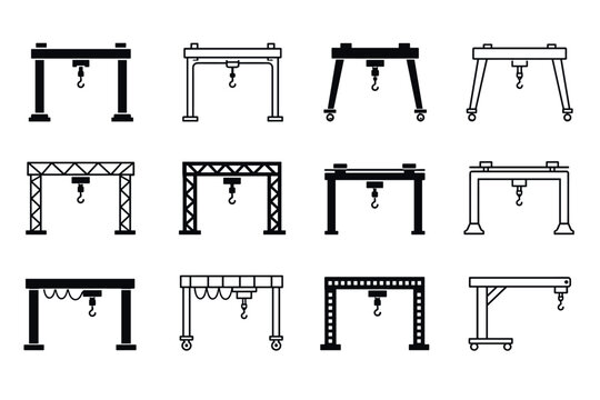 Gantry crane icons for industrial lifting equipment, featuring various overhead hoist designs, bridge cranes, and heavy machinery symbols for logistics and construction
