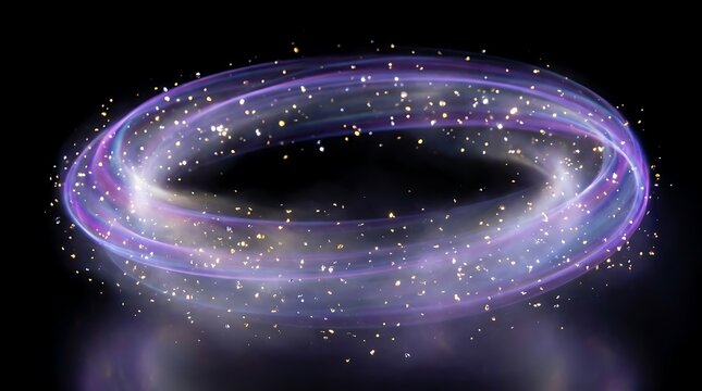 Glowing purple light ring with golden sparkling particles swirling in a circular motion isolated against a deep black background created with smooth digital artistic motion effects