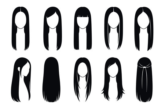 Women long hair style vector silhouettes set featuring various female haircuts including straight hair, bangs, layered cuts, and side parts for beauty salon branding