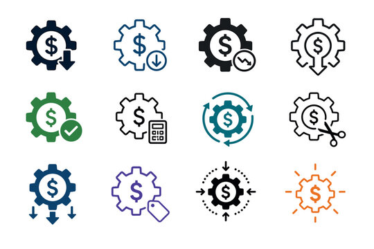 Financial gear icons representing cost reduction and budget optimization feature various symbols like dollar signs, downward arrows, scissors, and calculators