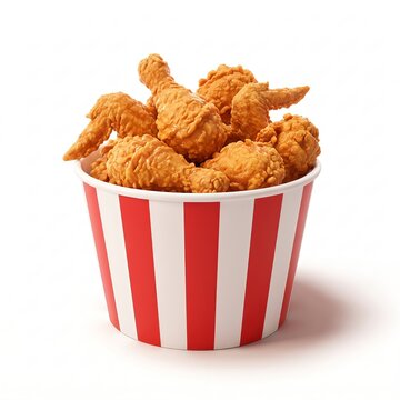 Crispy fried chicken in red striped bucket