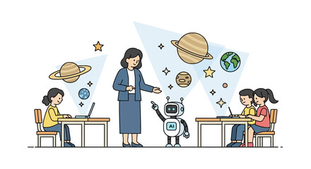 Teacher and robot explaining astronomy to students in classroom © arka
