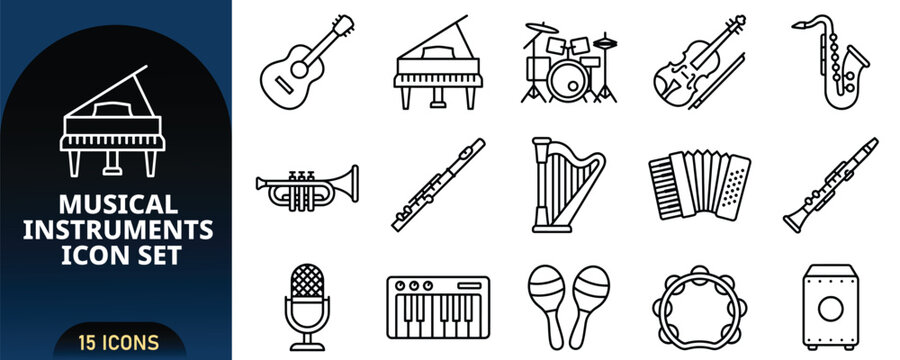 Musical Instruments Line Icon Set with Acoustic Guitar Piano Drum Kit Violin Saxophone Trumpet Flute Harp Accordion Microphone Keyboard Maracas Vector