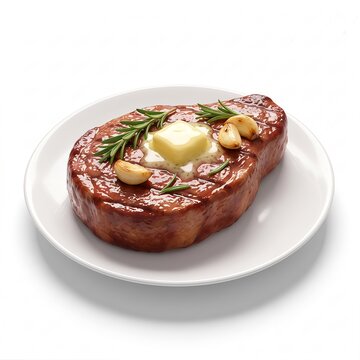 Grilled steak with herb butter melting on white plate top view