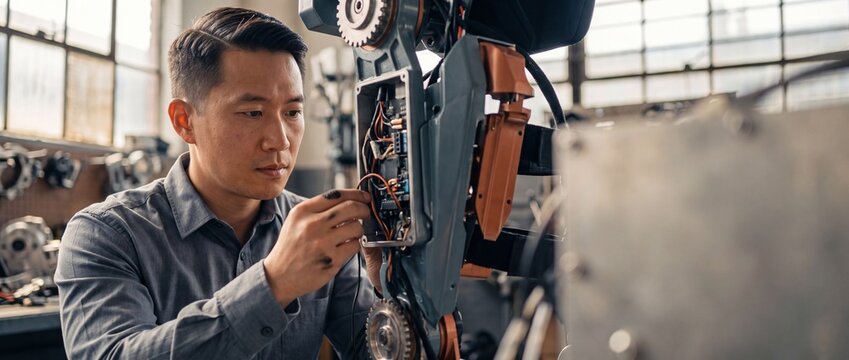 Robotics engineer building robotic exoskeleton in modern workshop, Asian male technician assembly cybernetic prosthetic mechanical limb, artificial intelligence automation technology development.