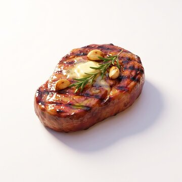 Grilled fish fillet with herbs and butter on white background close up