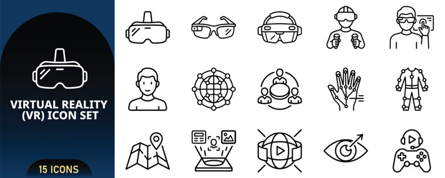 Virtual Reality VR Line Icon Set with Goggles Smart Glasses Augmented Reality User Cyber Glove Motion Suit Hologram 360 Video Gamepad Vector Pack