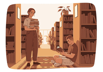 Modern library interior vector illustration design featuring students studying in a quiet academic environment with rows of bookshelves © Life Studio