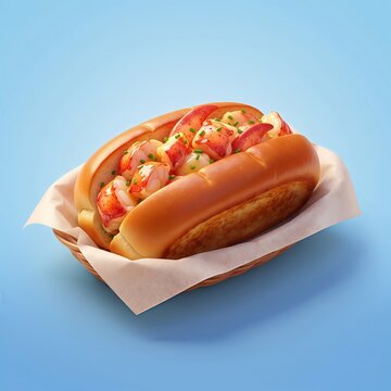 A hot dog with various toppings sits in a paper-lined basket against a blue background