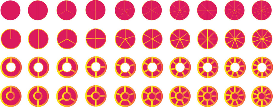 Infographic pie chart set. Pie chart set. Colorful diagram collection with1, 2,3,4,5,6,7,8,9,10 sections or steps. Pie chart color icons. Segment slice sign. Circle section graph