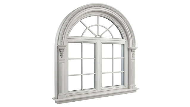 White classic arched wooden window frame mockup with grid isolated on transparent background cut out