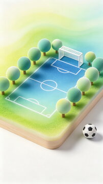 Isometric Blue Soccer Field Surrounded by Trees, Football on Sideline with Soft Gradient Background &ndash; For Fresh Park Sports & Mini Venue Design