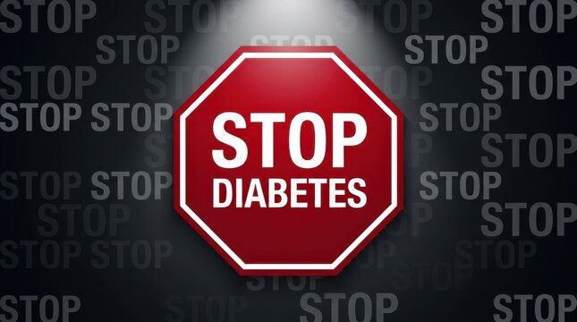 Red octagon stop sign with diabetes text overlay against dark backdrop with white stop warning words background.