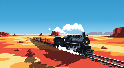 Classic Steam Train Journey Across Desert Landscape Vector Illustration Design © Life Studio