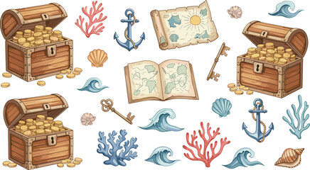 Pirate treasure chest vector elements set featuring wooden boxes filled with gold coins anchors maps keys and colorful sea corals © Kulsum