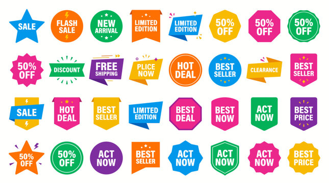 Collection of colorful sale stickers and labels for marketing and advertising.