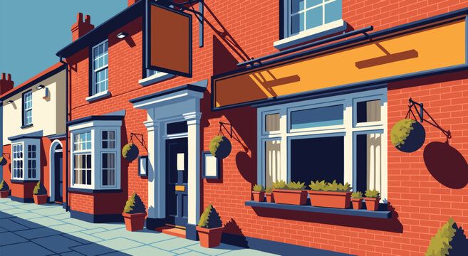 Charming Traditional Red Brick English Pub Street Scene Vector Illustration Design for Architectural and Urban Planning Concept Art 20