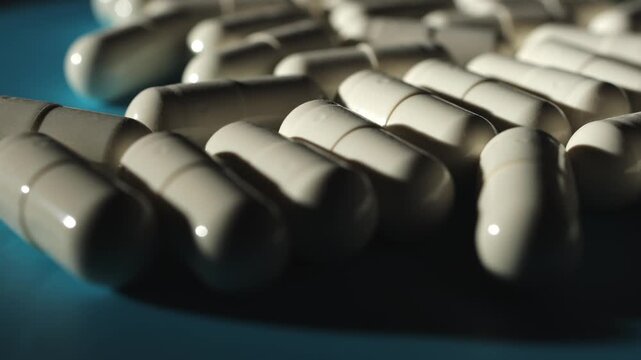 Pills. Medical pills. Factory. Slow motion video. High quality 4k footage