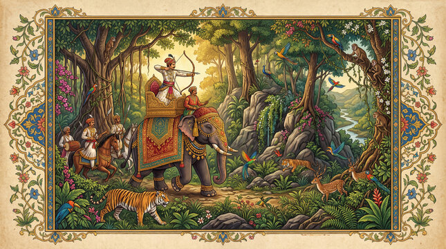 Ancient Rajput Royal Hunting Scene with Decorated Elephant, wall art decor, Historic Jungle Heritage Painting Artwork
